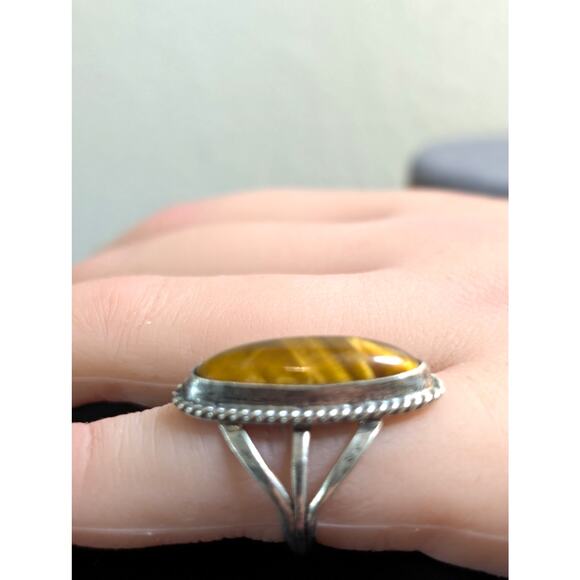 Vintage Sterling Silver Tiger's Eye Long Oval Native American Ring Size 4 - Picture 4 of 10